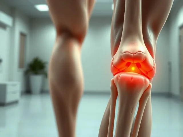 Uma visão detalhada e em close-up da articulação do joelho humano, mostrando os principais fatores que contribuem para a dor articular. O primeiro plano retrata as estruturas ósseas, cartilagens e ligamentos que compõem a articulação, renderizados em um estilo realista e de alta resolução. O plano do meio destaca inflamação, inchaço e outros sinais visíveis de desconforto articular. O fundo apresenta um ambiente neutro, com temática médica, com iluminação sutil e uma paleta de cores suaves e discretas para atrair o foco do observador para a anatomia central da articulação. A composição geral transmite uma sensação de exame clínico e estudo educacional, proporcionando uma representação visual clara dos "Fatores que Contribuem para a Dor nas Articulações".