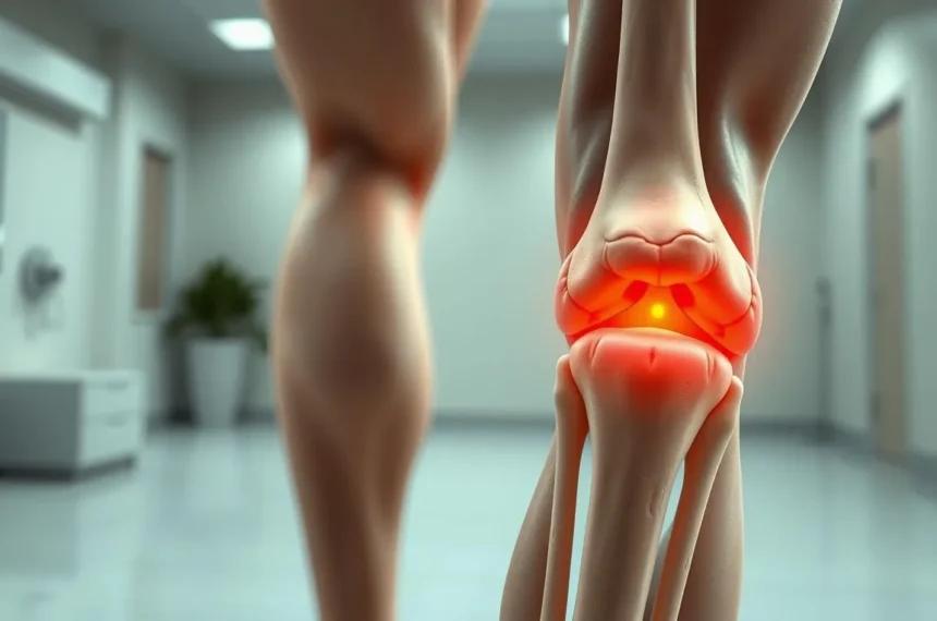Uma visão detalhada e em close-up da articulação do joelho humano, mostrando os principais fatores que contribuem para a dor articular. O primeiro plano retrata as estruturas ósseas, cartilagens e ligamentos que compõem a articulação, renderizados em um estilo realista e de alta resolução. O plano do meio destaca inflamação, inchaço e outros sinais visíveis de desconforto articular. O fundo apresenta um ambiente neutro, com temática médica, com iluminação sutil e uma paleta de cores suaves e discretas para atrair o foco do observador para a anatomia central da articulação. A composição geral transmite uma sensação de exame clínico e estudo educacional, proporcionando uma representação visual clara dos "Fatores que Contribuem para a Dor nas Articulações".