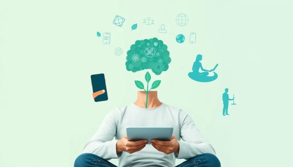 Pessoa equilibrando dispositivos digitais e elementos de bem-estar mental, representando o conceito de saúde mental e bem-estar digital