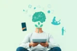 Pessoa equilibrando dispositivos digitais e elementos de bem-estar mental, representando o conceito de saúde mental e bem-estar digital