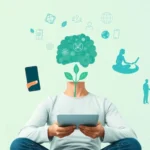 Pessoa equilibrando dispositivos digitais e elementos de bem-estar mental, representando o conceito de saúde mental e bem-estar digital