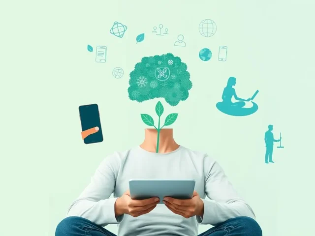 Pessoa equilibrando dispositivos digitais e elementos de bem-estar mental, representando o conceito de saúde mental e bem-estar digital