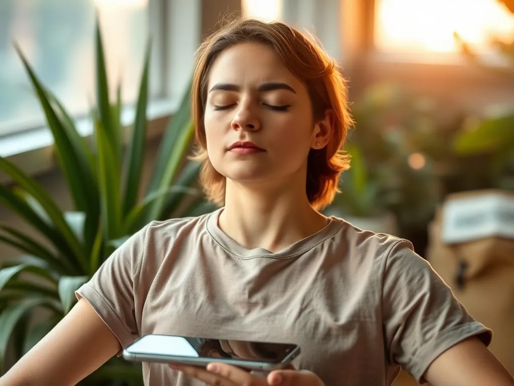 Pessoa praticando meditação após desconectar-se de dispositivos, mostrando benefícios para saúde mental e bem-estar digital