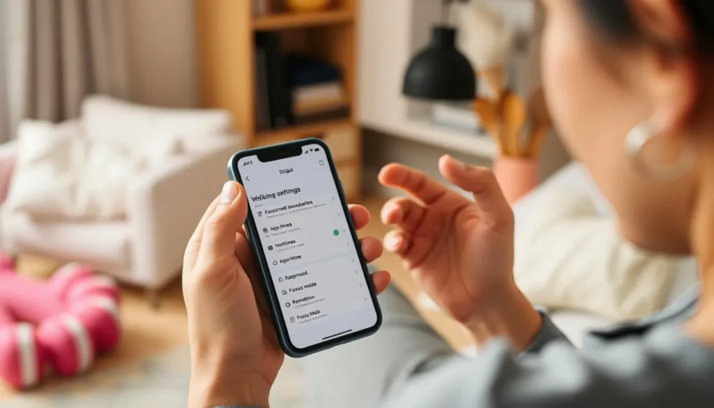 Pessoa ajustando configurações de bem-estar digital em smartphone, demonstrando busca por equilíbrio para saúde mental