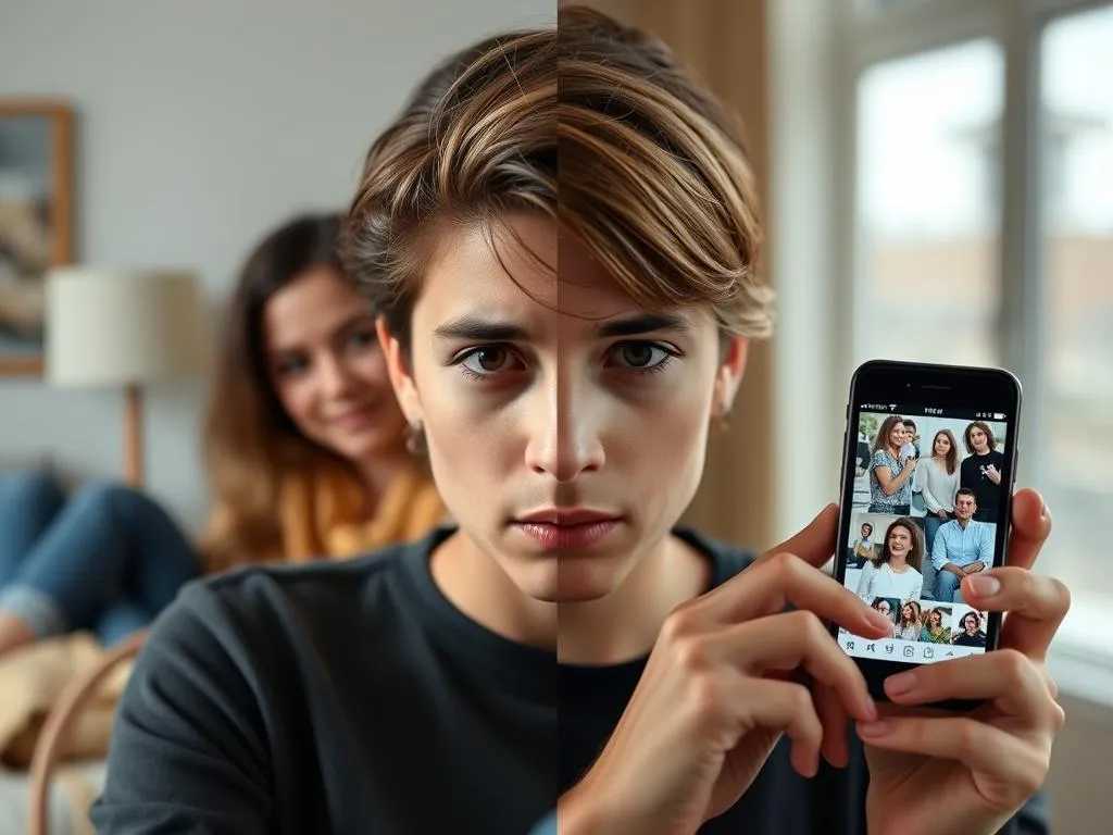 Pessoa comparando sua vida real com imagens idealizadas em redes sociais, mostrando o impacto na saúde mental e bem-estar digital