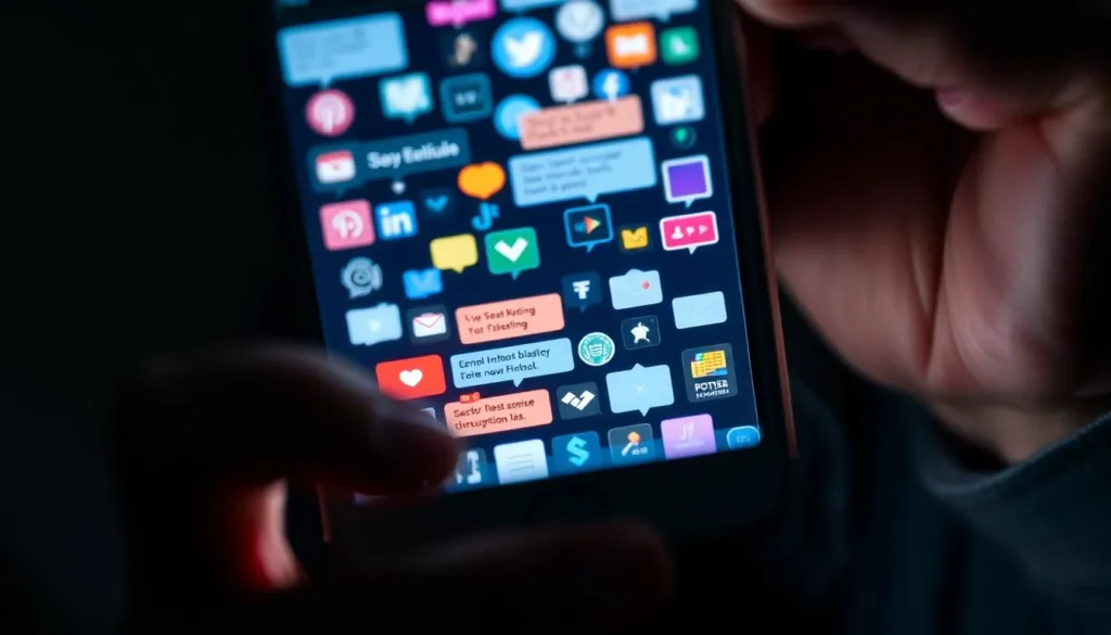 Múltiplas notificações chegando em um smartphone causando expressão de ansiedade, ilustrando o impacto na saúde mental e bem-estar digital
