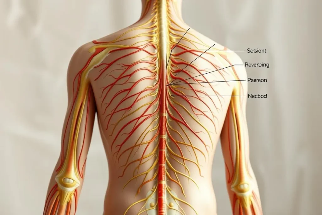 A highly detailed, anatomical illustration depicting the neural stimulation and pressure points of acupuncture. The foreground showcases the intricate network of nerves and energy channels within the human body, rendered in a realistic, technical style. The middle ground highlights key acupuncture points, marked with precise anatomical labels. The background features a softly blurred, neutral backdrop to emphasize the subject. The lighting is natural, creating depth and dimension. The overall mood is one of scientific precision and medical illustration, conveying the inner workings of the body and the mechanisms of acupuncture therapy.