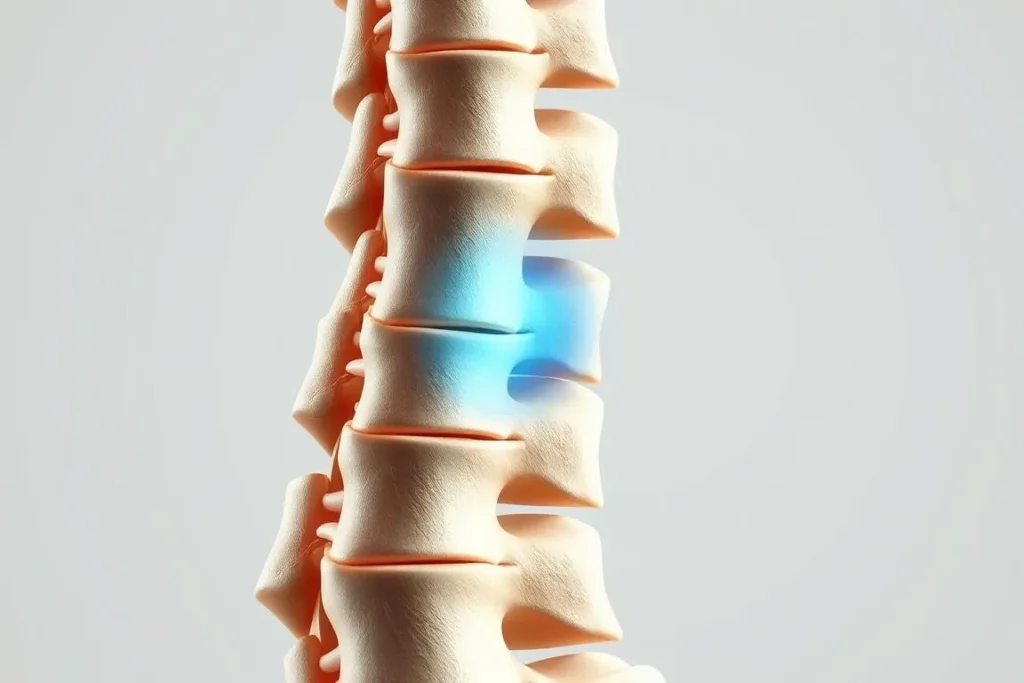 A close-up view of a human spine, with a clear focus on a herniated disc in the lower back region. The image should have a scientific, medical illustration-style aesthetic, with detailed anatomical structures visible, including the vertebrae, disc, and surrounding nerve roots. The lighting should be soft and evenly distributed, creating depth and volume in the structures. The background should be a neutral, muted color, allowing the spinal elements to be the central focus. The overall tone should convey a sense of understanding and education about the condition and its treatment.