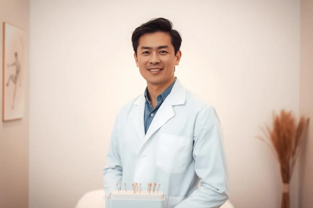 A skilled acupuncturist standing confidently in a serene, minimalist treatment room. The practitioner, dressed in a crisp white medical coat, is captured in a three-quarter view, exuding professionalism and expertise. The room is bathed in warm, soft lighting, creating a calming, therapeutic atmosphere. Acupuncture needles are visible in their sterile tray, ready for the precise, gentle insertions that are the hallmark of this ancient Chinese healing art. The overall impression conveys the practitioner's dedication, focus, and the care they bring to their patients' wellbeing.