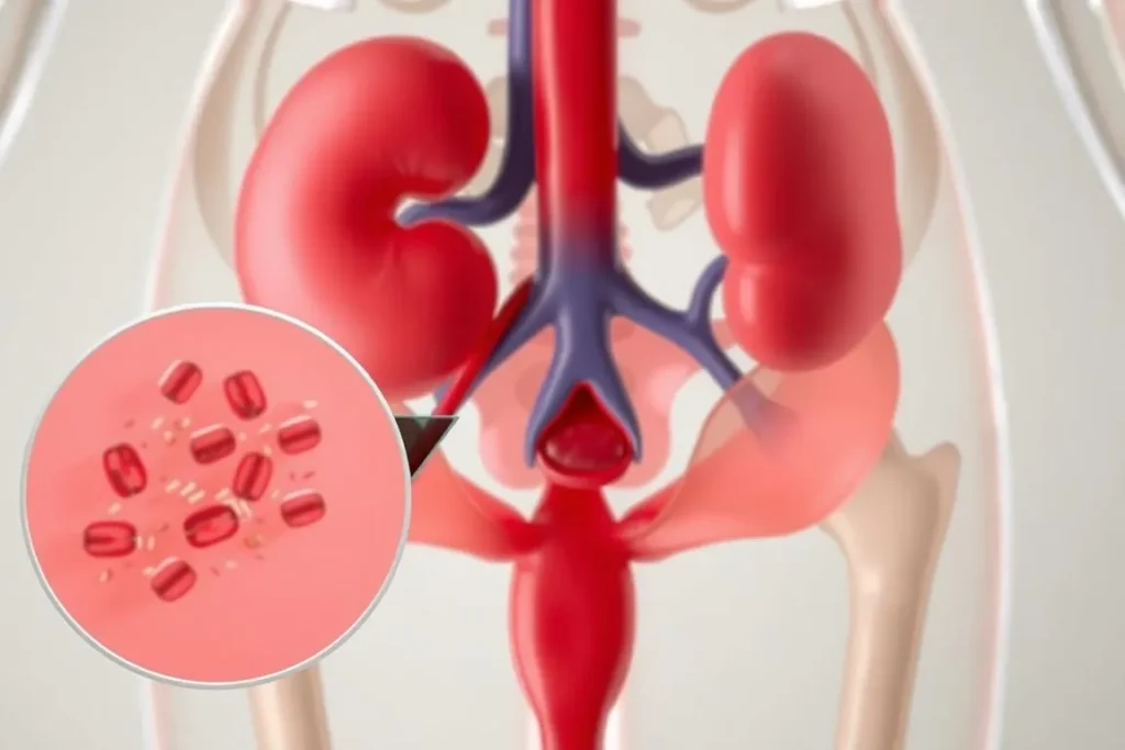 A cross-section illustration of the urinary tract, depicting a recurring urinary tract infection. The foreground shows a magnified view of the bladder, with an inflamed and irritated lining, indicating the presence of a bacterial infection. The middle ground features the kidneys, ureters, and urethra, highlighting the interconnected nature of the urinary system. The background showcases a detailed anatomical rendering of the pelvis, providing context and depth. The lighting is soft and diffused, creating a clinical yet informative atmosphere. The overall composition conveys a sense of understanding and educational focus, suitable for the article's section on recurrent urinary tract infections.
