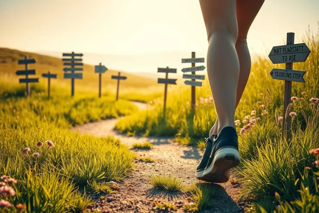 A serene, sun-dappled meadow, with a winding path leading through lush green grass and wildflowers. In the foreground, a pair of feet clad in comfortable walking shoes, taking deliberate steps. The middle ground features a mix of mythological and factual signposts, some whimsical, others informative, guiding the viewer on a journey of discovery about the truths and misconceptions surrounding the 10,000-step goal. The background showcases a distant, hazy horizon, evoking a sense of tranquility and contemplation. The lighting is soft and natural, creating a warm, inviting atmosphere. A blend of realism and imagination, this image aims to visually encapsulate the nuances of the "Mitos e verdades sobre caminhar 10k passos" section.
