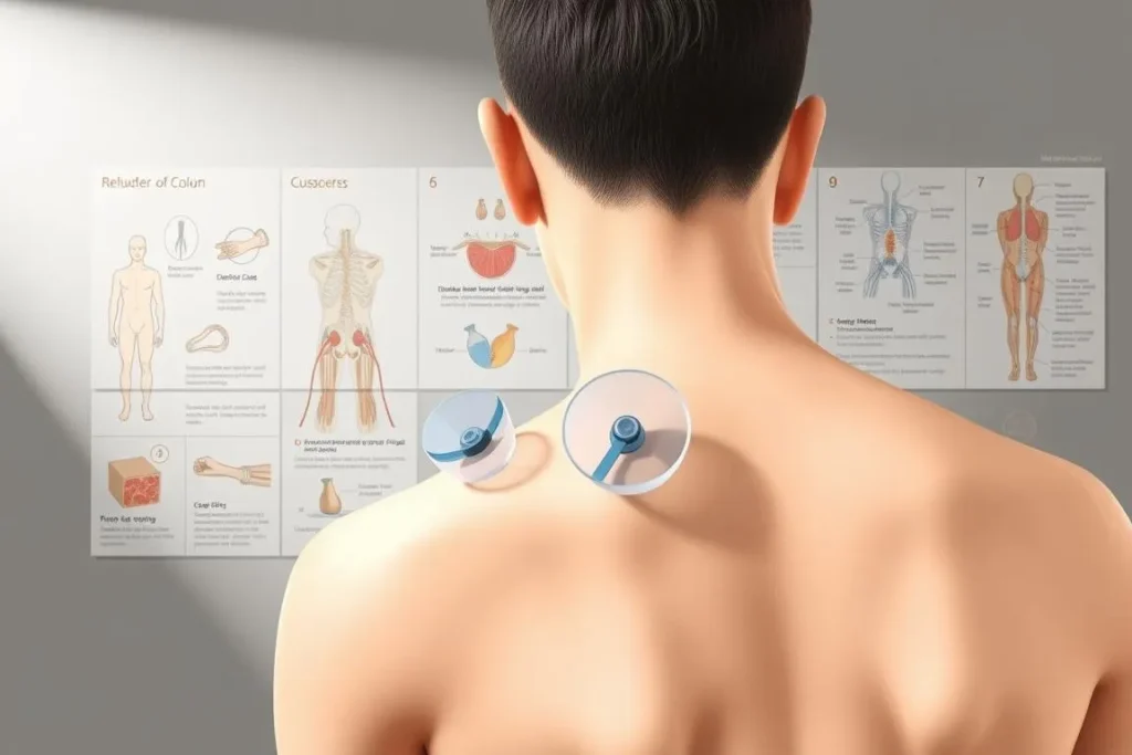 A detailed cross-section illustration of the mechanism of action of cupping therapy, also known as ventosaterapia. In the foreground, a stylized human body part, such as a shoulder or back, with suction cups adhered to the skin. The middle ground depicts the physiological effects, showing blood vessels dilating, lymph drainage increasing, and muscle tissue relaxing. The background features anatomical diagrams, technical illustrations, and labels explaining the biomechanical processes involved, rendered in a clean, scientific style with muted colors. Crisp lighting from an upper-left angle casts subtle shadows, conveying a sense of technical precision and medical authenticity.
