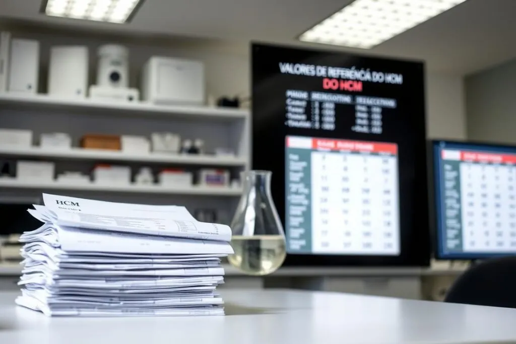 A neatly organized laboratory setting, with a clean white countertop and modern equipment. In the foreground, a stack of medical reports and test results, highlighting the "valores de referência do HCM" (reference values for HCM). The middle ground features a glass beaker filled with a clear liquid, reflecting the ambient lighting. In the background, a large display screen shows a detailed breakdown of the HCM reference ranges, presented in a clear and informative manner. The overall scene conveys a sense of professionalism and attention to detail, effectively illustrating the "Valores de referência do HCM e como ler seu exame de sangue" (HCM reference values and how to read your blood test) section of the article.
